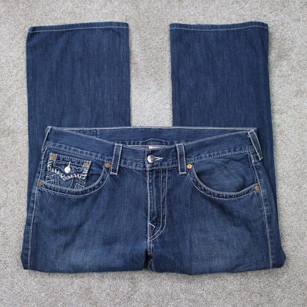 True Religion Boot cut Jeans Mens 38 Blue Bootcut Thick Stitch Denim 28" inseam‎